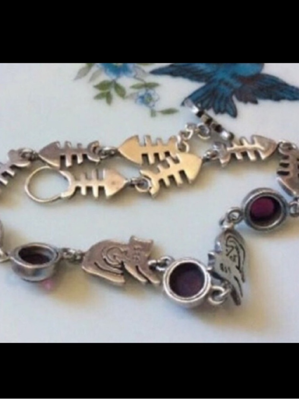 Vintage Fish bones cat garnet gemstone link bracelet sterling silver 925 - Picture 10 of 16